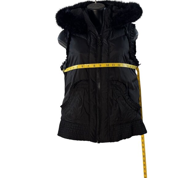 Betsey Johnson Black Hooded Vest W/ Faux Fur Trim & Floral Lining Size S - Picture 9 of 12